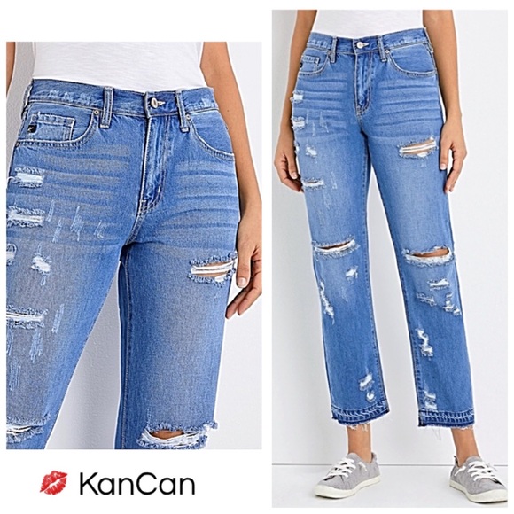 💋 KANCAN Ripped Boyfriend Jeans High-Rise Stretch Premium Jeans NICE NWTS$100 - Picture 2 of 9